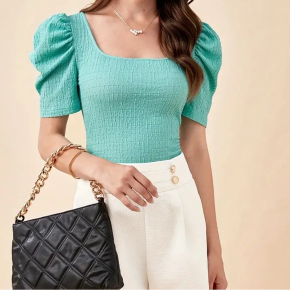 NEW| Textured Scoop Neck Puff Sleeve Chic & Trendy Blouse - Picture 5 of 5